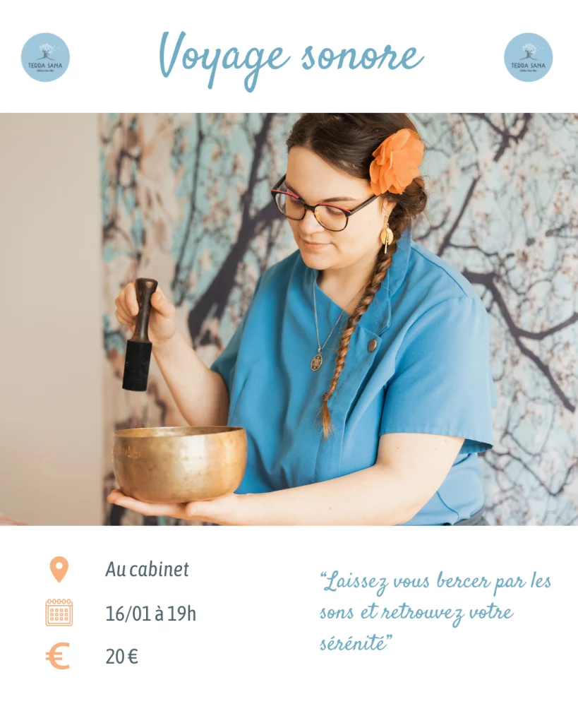 Mélissa vous propose au cabinet un voyage sonore pour gérer votre stress et améliorer le sommeil par la sonothérapie pour soi ou en carte cadeau à Chinon Doué en Anjou, Thouars, Loudun Montreuil Bellay , Beaufort en Vallée